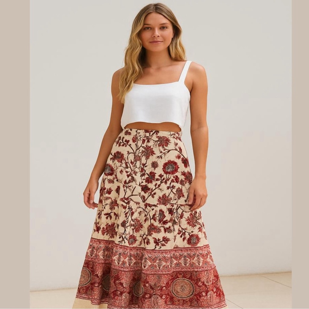House of Harlow 1960 Linen Floral Red Cream Tropical Dream Midi Skirt Print